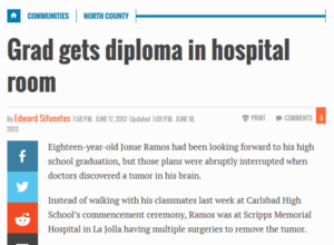 Union Tribune Josue Ramos article about grad getting diploma in hospital room because of a brain tumor